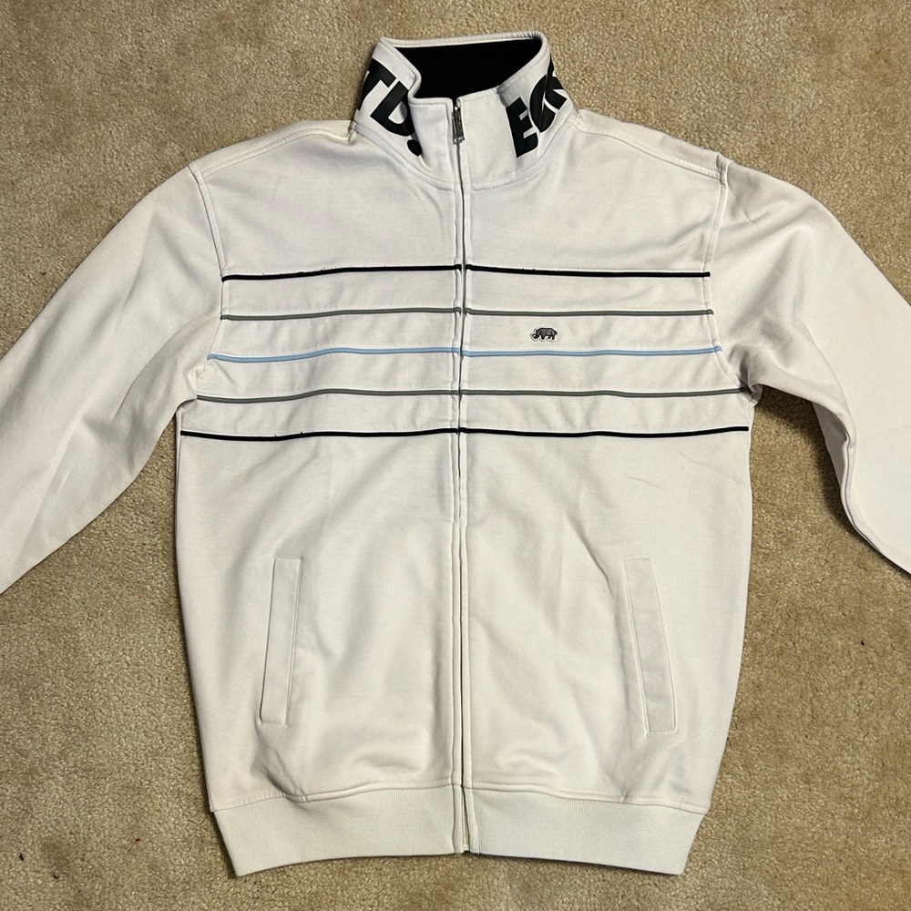 Ecko Unlimited White Zip-Up Sweater with Black and Light Blue Stripes